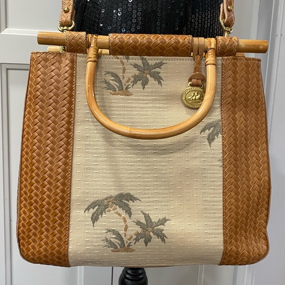 Vintage BRAHMIN PalmTree Bamboo Handles Woven Leather Handbag Crossbody Tropical - Picture 8 of 15